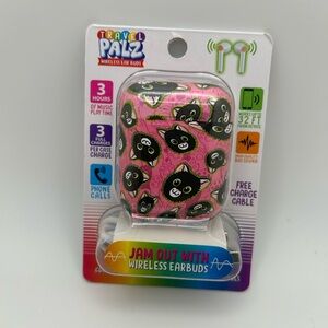 Travel Palz Wireless Earbuds & Charging Case - Pink with Black Cat Pattern